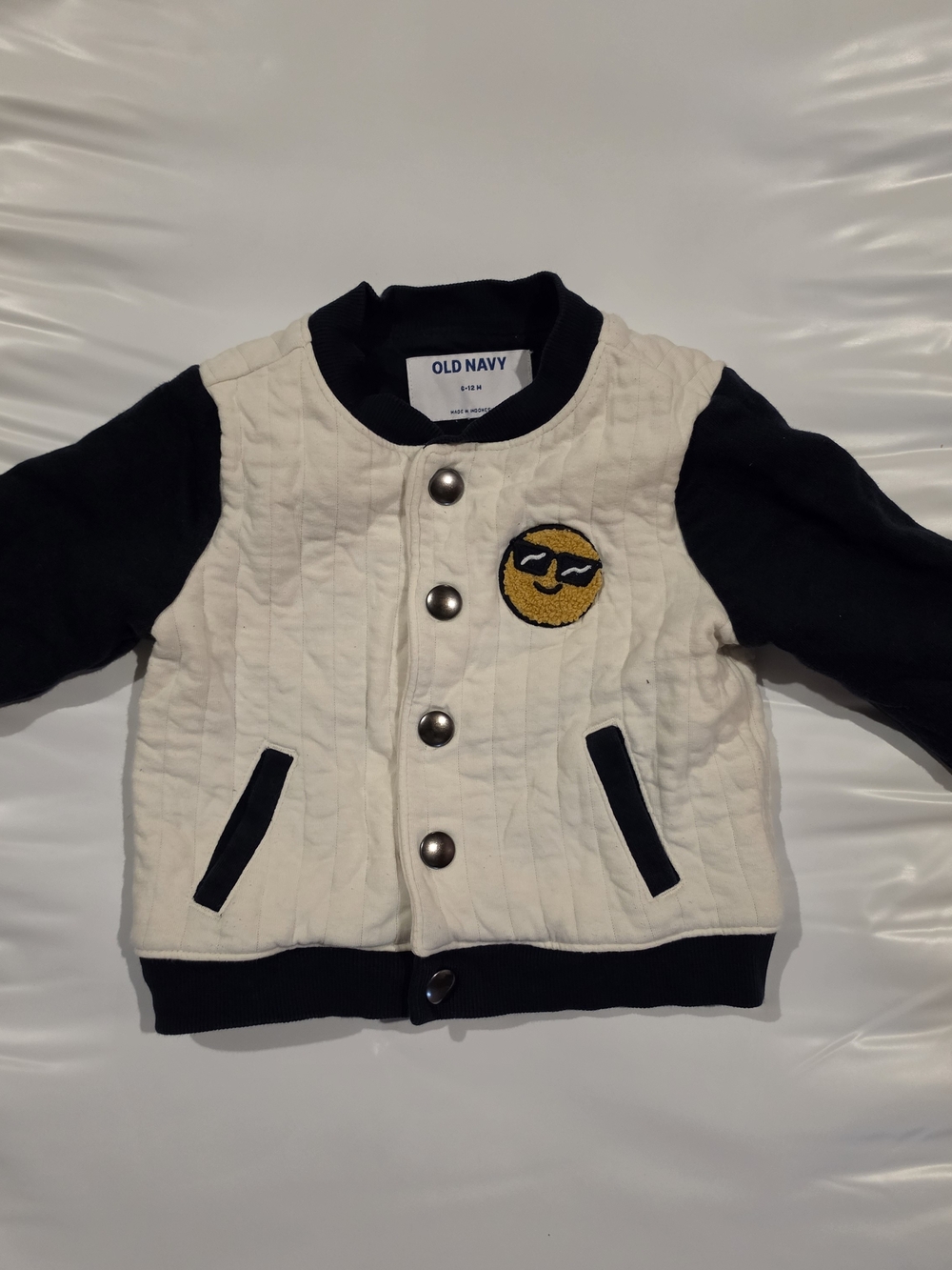 Old Navy Kids' Quilted Jacket in Cream and Black with Emoji Patch